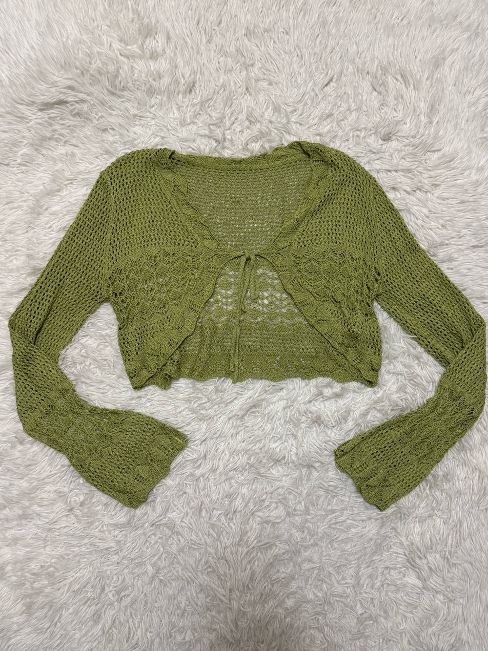 Cropped Open-Knit Tie-Front Sweater Cardigan - Olive Green